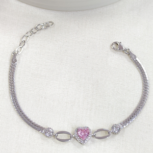 YASSI ZİNCİRLİ TAŞLI PEMBE KALP GÜMÜŞ BİLEKLİK 16 CM+3 - RODYUM BEYAZ