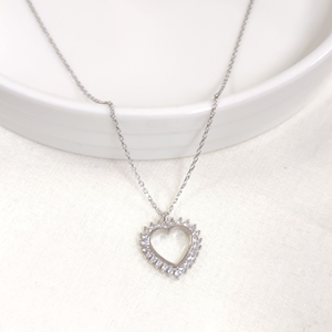 15 MM TAŞLI KALP GÜMÜŞ KOLYE 40+5 CM - RODYUM BEYAZ