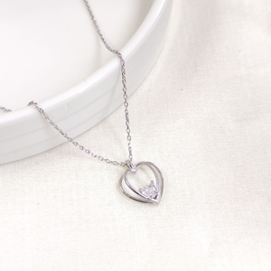 12 MM ZİRKON TAŞLI KALP GÜMÜŞ KOLYE 40+5 CM - RODYUM BEYAZ