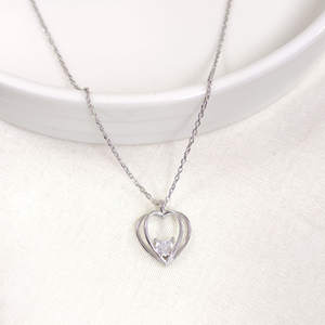 12 MM ZİRKON TAŞLI KALP GÜMÜŞ KOLYE 40+5 CM - RODYUM BEYAZ