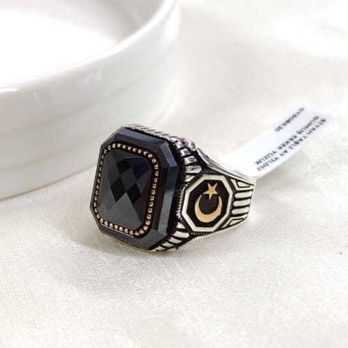 SİYAH TAŞLI AY YILDIZ GÜMÜŞ ERKEK YÜZÜK