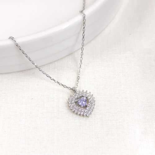 12 MM LİLA TAŞLI KALP GÜMÜŞ KOLYE 40+5 CM