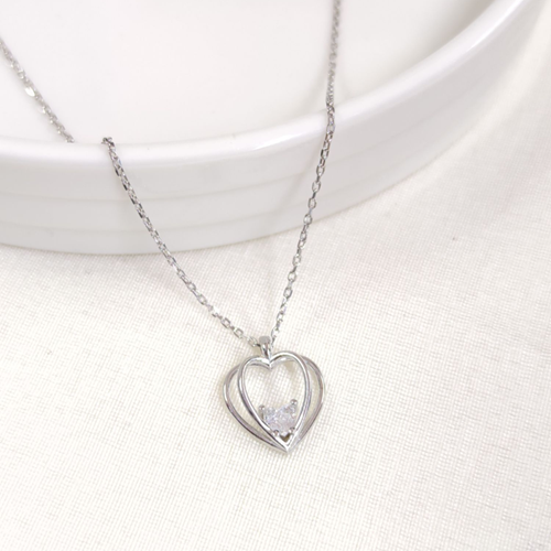 12 MM ZİRKON TAŞLI KALP GÜMÜŞ KOLYE 40+5 CM