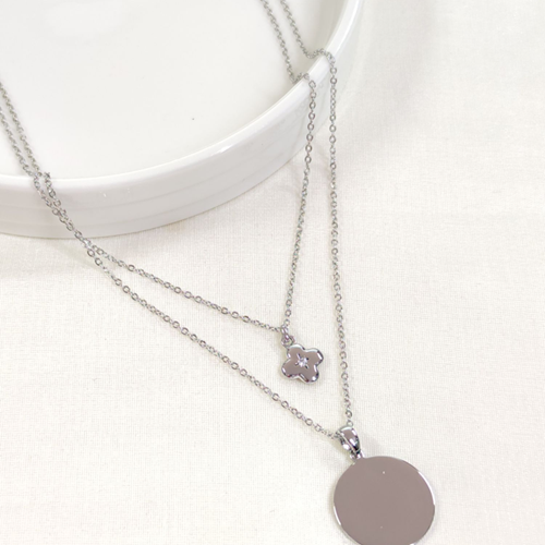 FULLYX 2 CM PLAKA VE ÇİÇEKLİ İKİLİ KOMBİN ZİNCİR KOLYE BEYAZ 40+5 CM