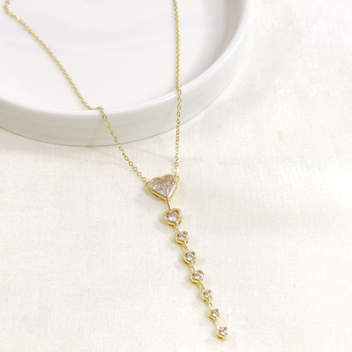 ÇELİK KALP TAŞLI Y KOLYE ZİNCİR GOLD 40+5 CM