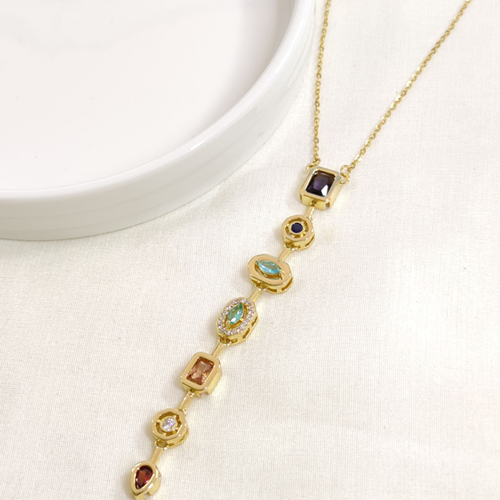 ÇELİK ASİMETRİK TAŞLI Y KOLYE ZİNCİR GOLD 40+5 CM