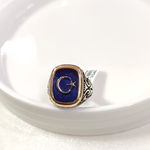 MAVİ DETAY AY YILDIZ GÜMÜŞ ERKEK YÜZÜK