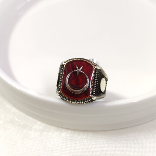 KIRMIZI DETAY AY YILDIZ GÜMÜŞ ERKEK YÜZÜK