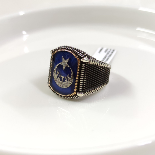 VATAN YAZILI MAVİ DETAY AY YILDIZ GÜMÜŞ ERKEK YÜZÜK