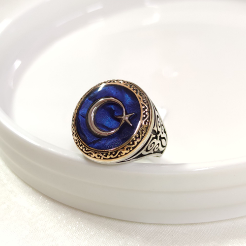 YUVARLAK MAVİ DETAY AY YILDIZ GÜMÜŞ ERKEK YÜZÜK