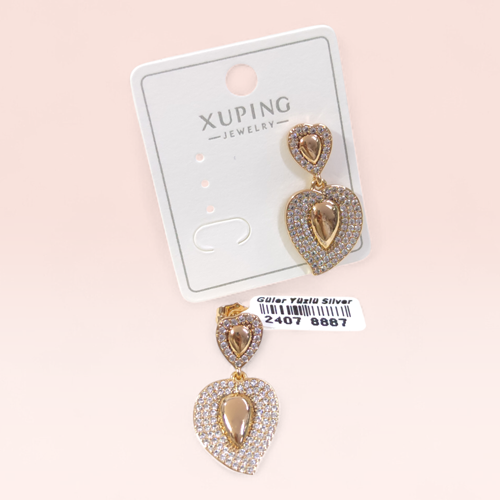 XUPING 30 MM TAŞLI KALP ÇİVİ KÜPE ROSE