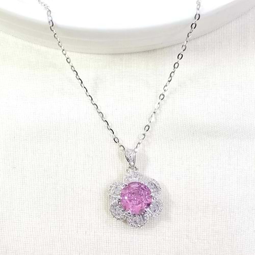 İTHAL PEMBE MOZANAYT TAŞLI 15 MM ÇİÇEK GÜMÜŞ KOLYE 40+4 CM