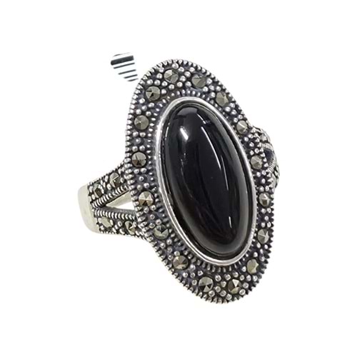 SİYAH TAŞLI 23 MM OVAL MEKİK MARKAZİT GÜMÜŞ YÜZÜK