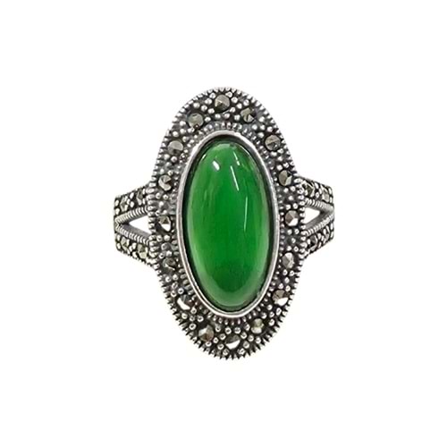 YEŞİL TAŞLI 23 MM OVAL MEKİK MARKAZİT GÜMÜŞ YÜZÜK
