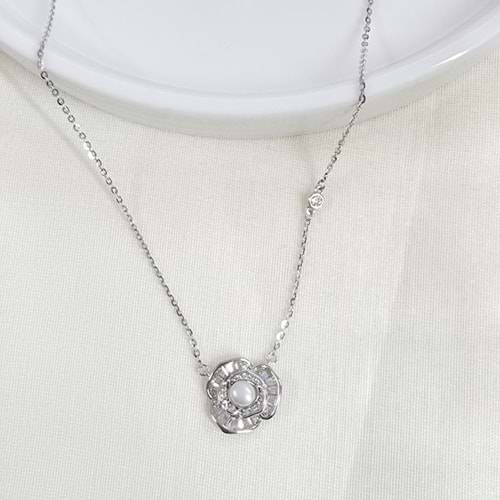 İTHAL 12 MM İNCİLİ GÜL GÜMÜŞ KOLYE 40+4 CM