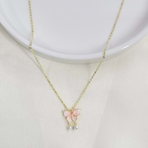 İTHAL 10 MM PEMBE MİNELİ KELEBEK GÜMÜŞ KOLYE 40+5 CM