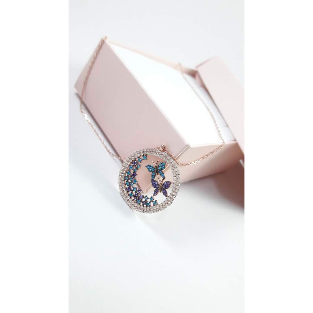 ROSE RENKLİ YUVARLAK KELEBEK GÜMÜŞ KOLYE