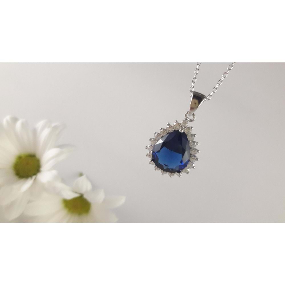 MAVİ ZİRKON TAŞLI DAMLA GÜMÜŞ KOLYE