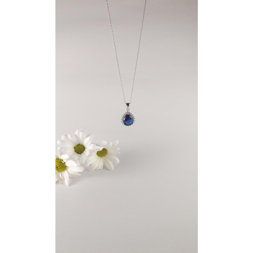 MAVİ ZİRKON TAŞLI DAMLA GÜMÜŞ KOLYE