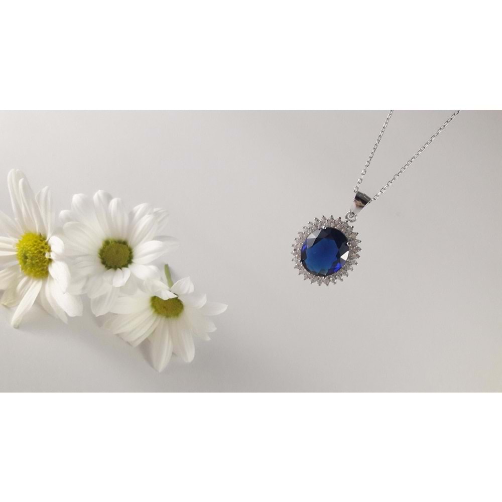 MAVİ ZİRKON TAŞLI OVAL GÜMÜŞ KOLYE