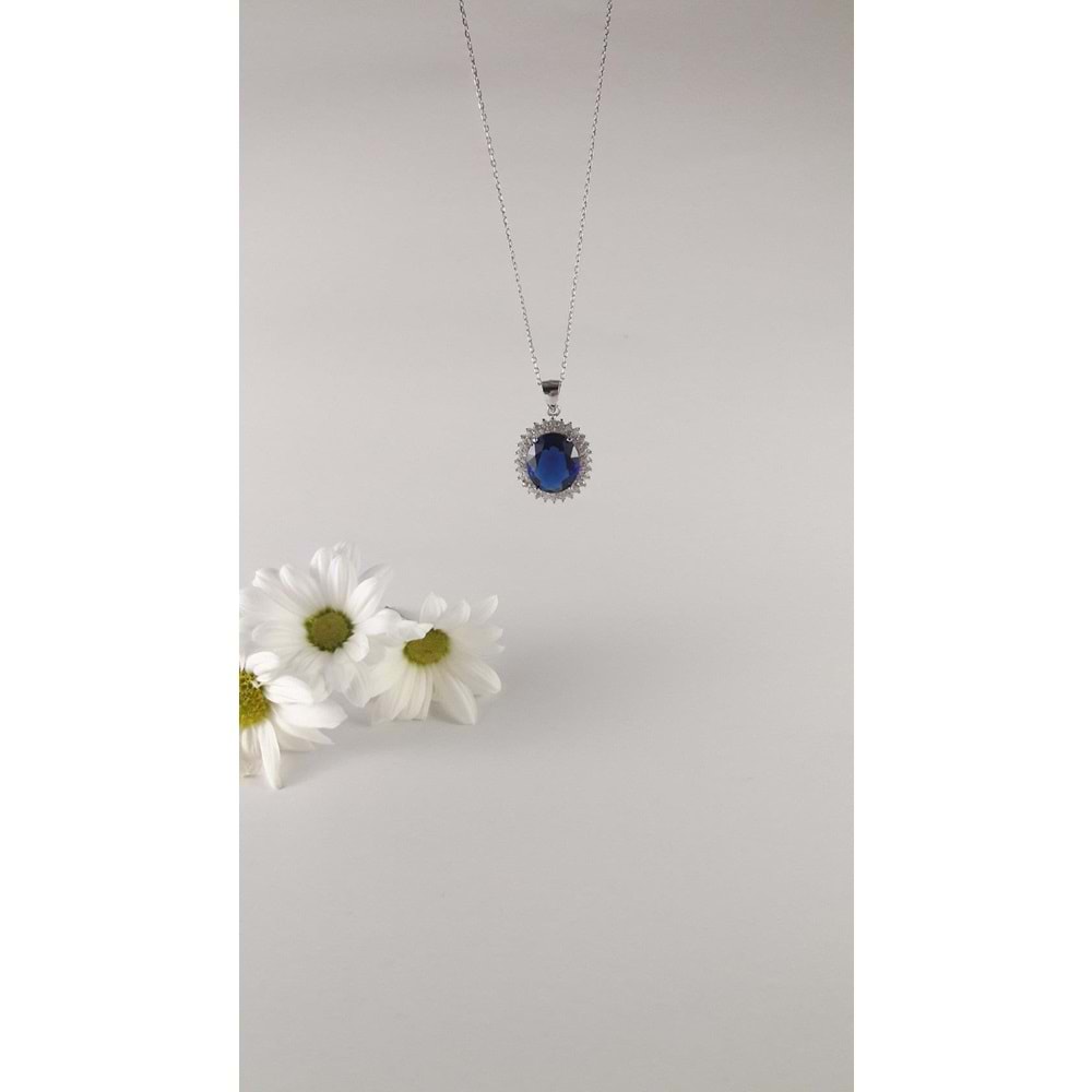 MAVİ ZİRKON TAŞLI OVAL GÜMÜŞ KOLYE