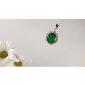 YEŞİL ZİRKON TAŞLI OVAL GÜMÜŞ KOLYE