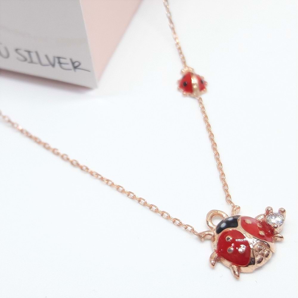 UĞUR BÖCEĞİ GÜMÜŞ KOLYE - ROSE ALTIN KAPLAMA