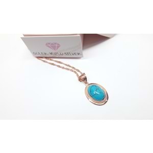 OVAL TURKUAZ TAŞLI ROSE ALTIN KAPLAMA GÜMÜŞ KOLYE
