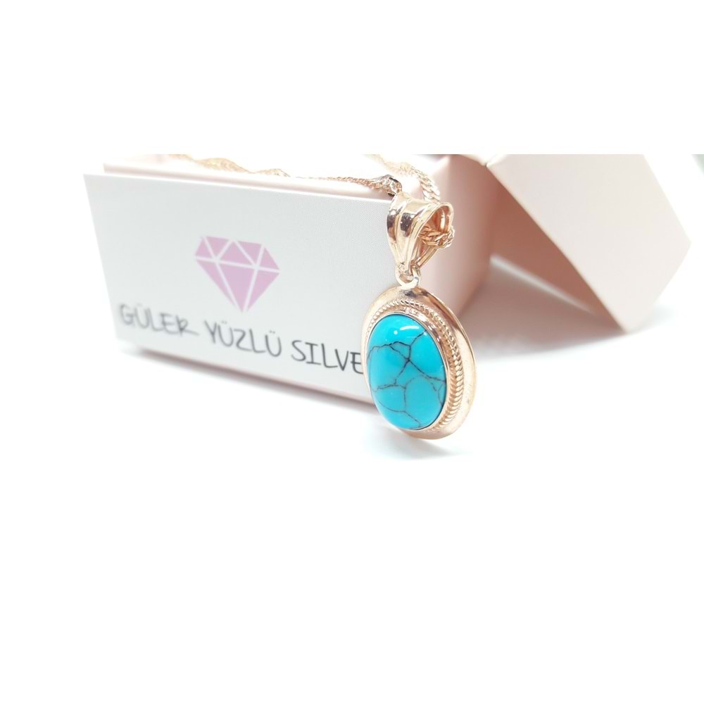 OVAL TURKUAZ TAŞLI ROSE ALTIN KAPLAMA GÜMÜŞ KOLYE