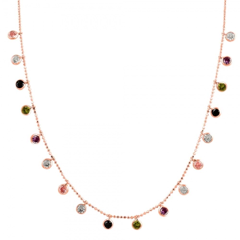 SALLANTILI YUVARLAK RENKLİ TAŞLI GÜMÜŞ KOLYE