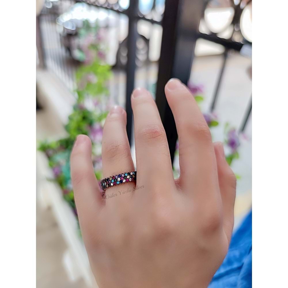ROSE ÜÇ SIRA MİX TAŞLI TAMTUR GÜMÜŞ YÜZÜK - 18
