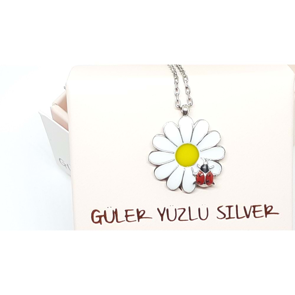 UĞUR BÖCEKLİ PAPATYA GÜMÜŞ KOLYE