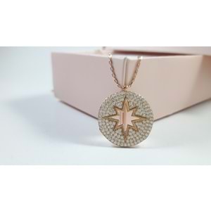 BEYAZ TAŞLI YUVARLAK KUTUP YILDIZI GÜMÜŞ KOLYE