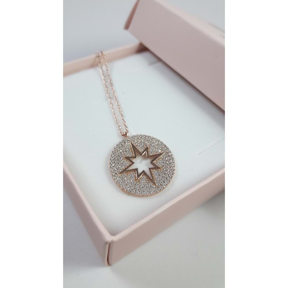 BEYAZ TAŞLI YUVARLAK KUTUP YILDIZI GÜMÜŞ KOLYE