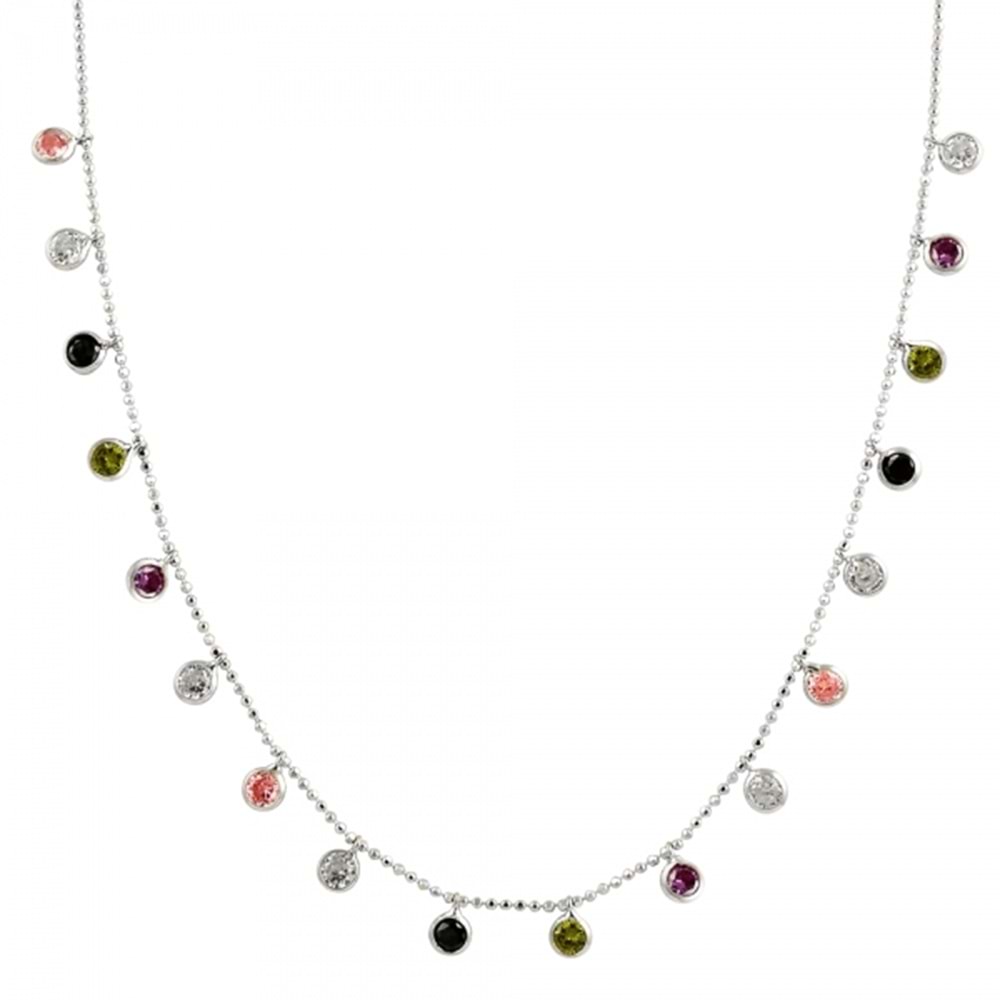 RODYUM KAPLAMA SALLANTILI RENKLİ YUVARLAK TAŞLI GÜMÜŞ KOLYE