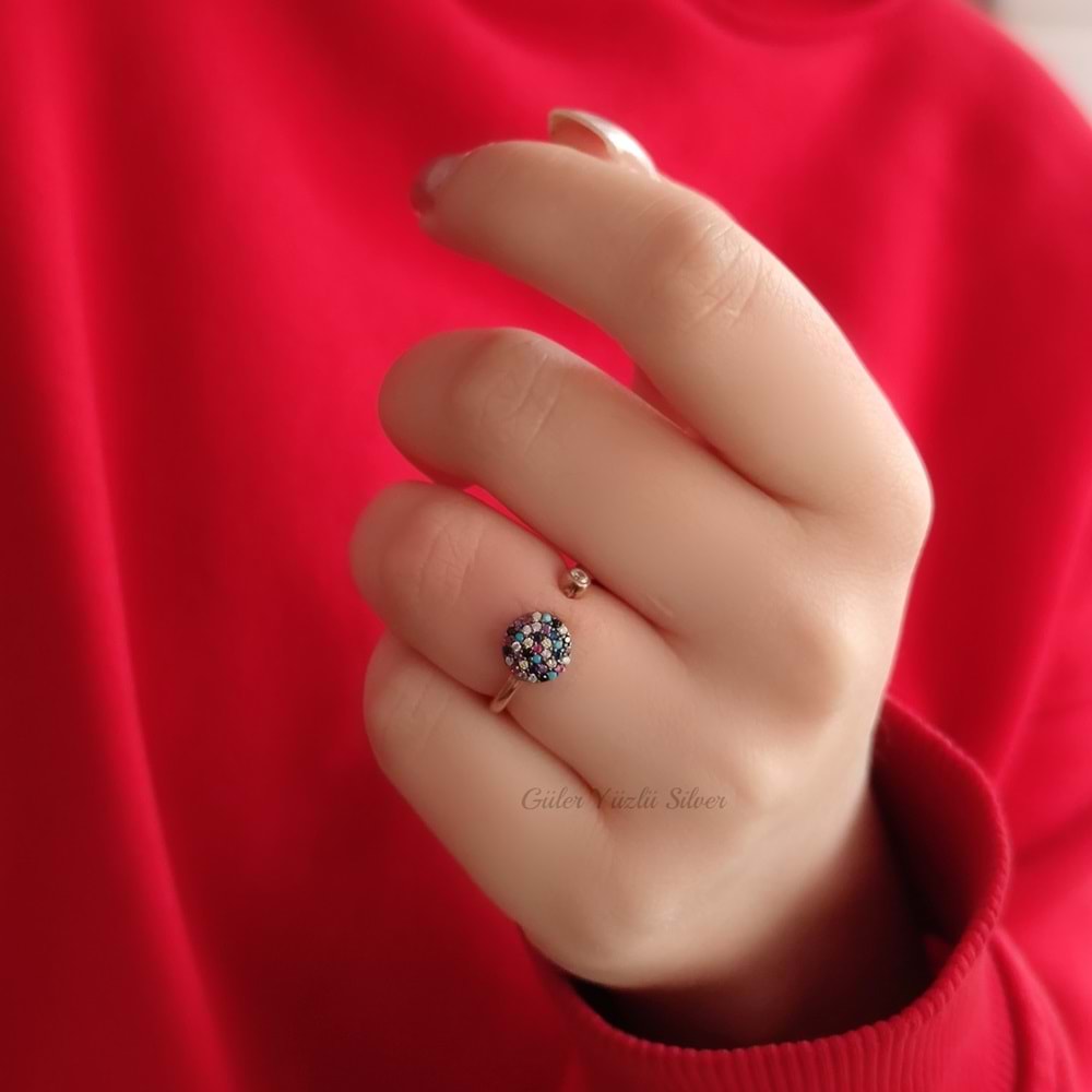 MİX TAŞLI YUVARLAK AYARLANABİLİR GÜMÜŞ YÜZÜK - ROSE ALTIN KAPLAMA