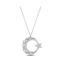 ZİRKON TAŞLI DESENLİ AY YILDIZ GÜMÜŞ KOLYE