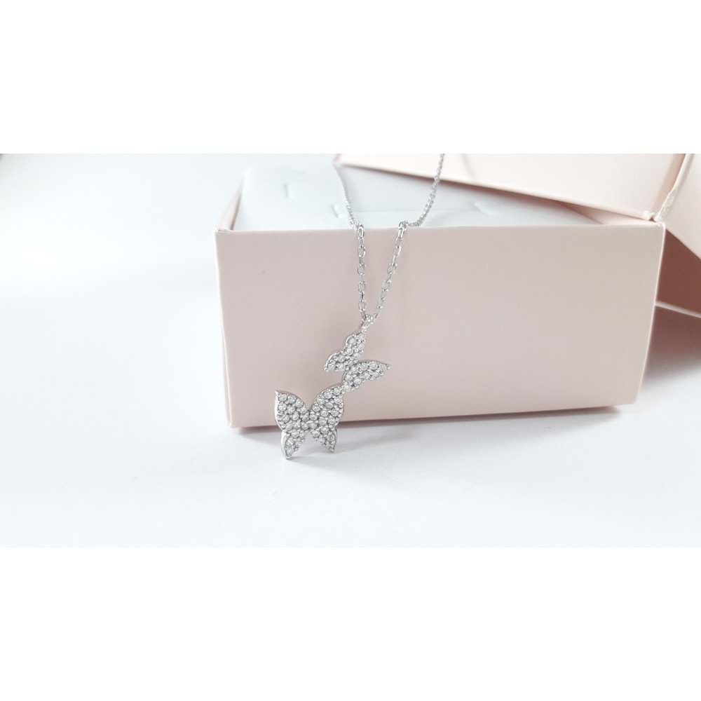 ZİRKON TAŞLI İKİLİ KELEBEK GÜMÜŞ KOLYE