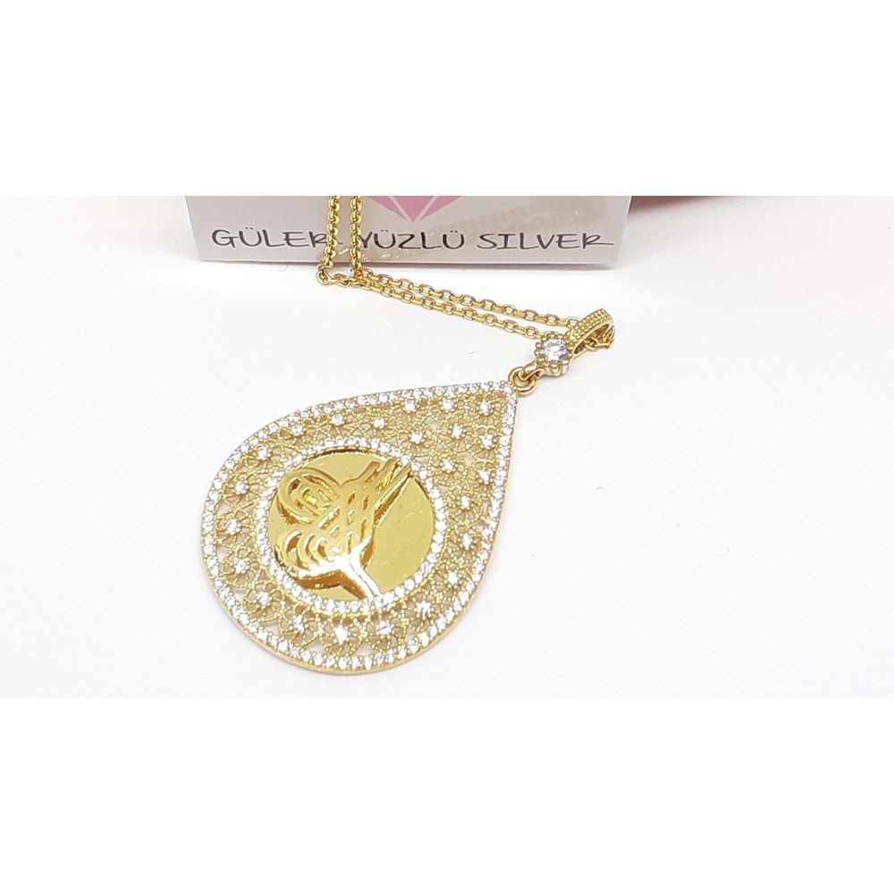 ALTIN KAPLAMA DESENLİ DAMLA MODELİ TUĞRA GÜMÜŞ KOLYE