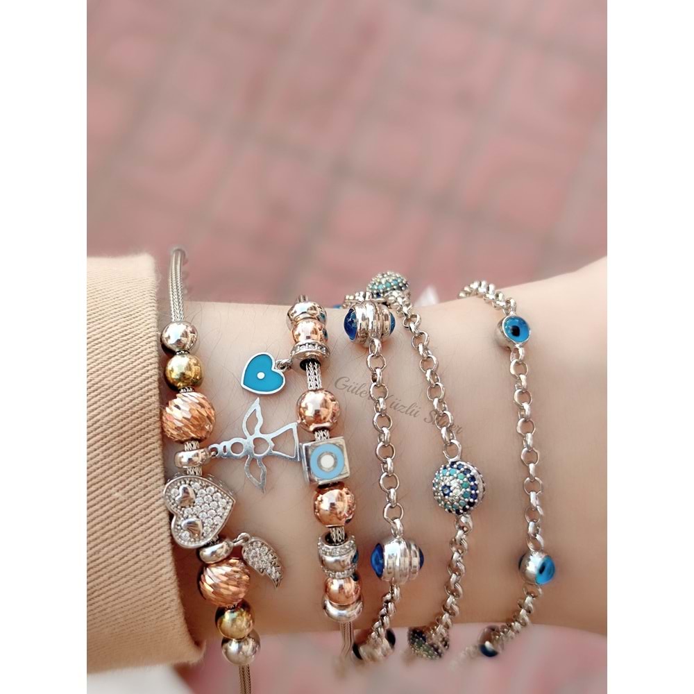 RENKLİ BONCUKLU SALLANTILI GÜMÜŞ BİLEKLİK G1113