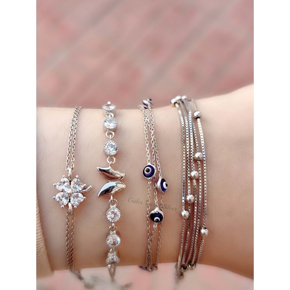 DÜZ KELEBEKLİ TAŞLI ÇİFT ZİNCİRLİ GÜMÜŞ BİLEKLİK