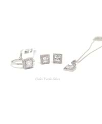 MİNİ KARE ZİRKON KARE TAŞLI ÜÇLÜ GÜMÜŞ SET - 14 NUMARA