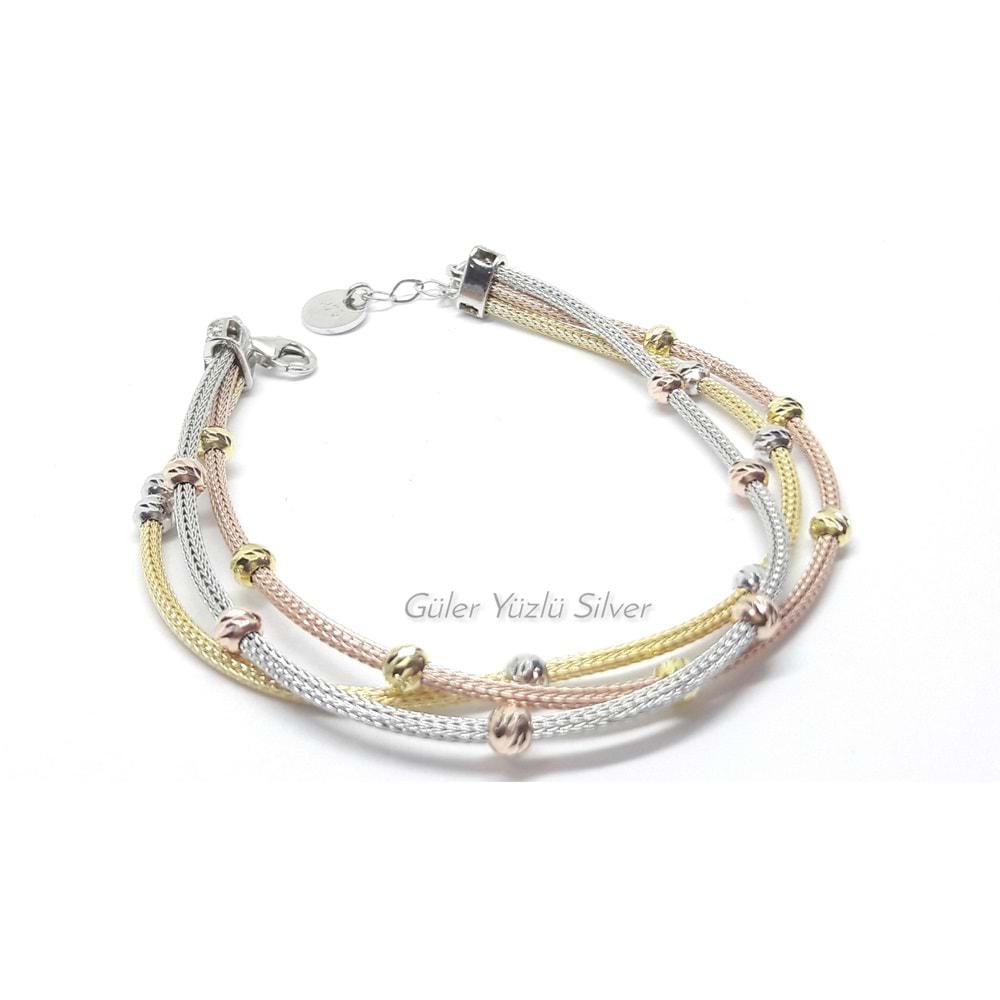 3 ZİNCİRLİ 3 RENK TOP DORİCA GÜMÜŞ BİLEKLİK