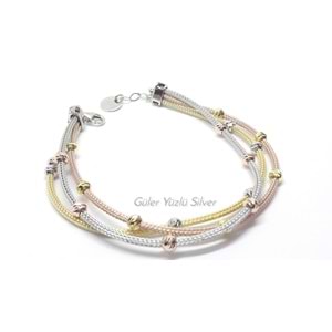 3 ZİNCİRLİ 3 RENK TOP DORİCA GÜMÜŞ BİLEKLİK