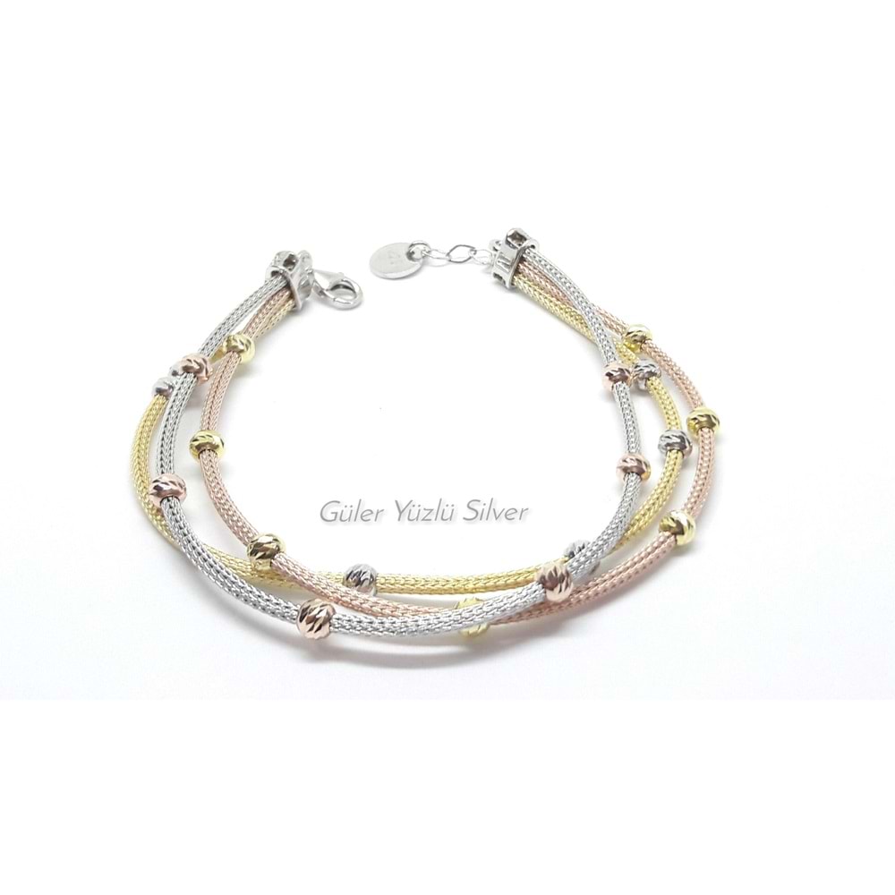 3 ZİNCİRLİ 3 RENK TOP DORİCA GÜMÜŞ BİLEKLİK