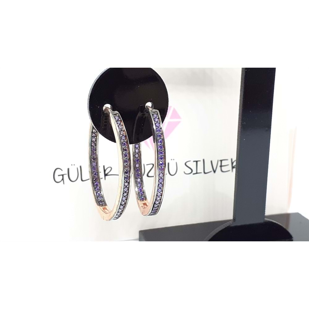 18 MM OVAL MOR TAŞLI GÜMÜŞ HALKA KÜPE