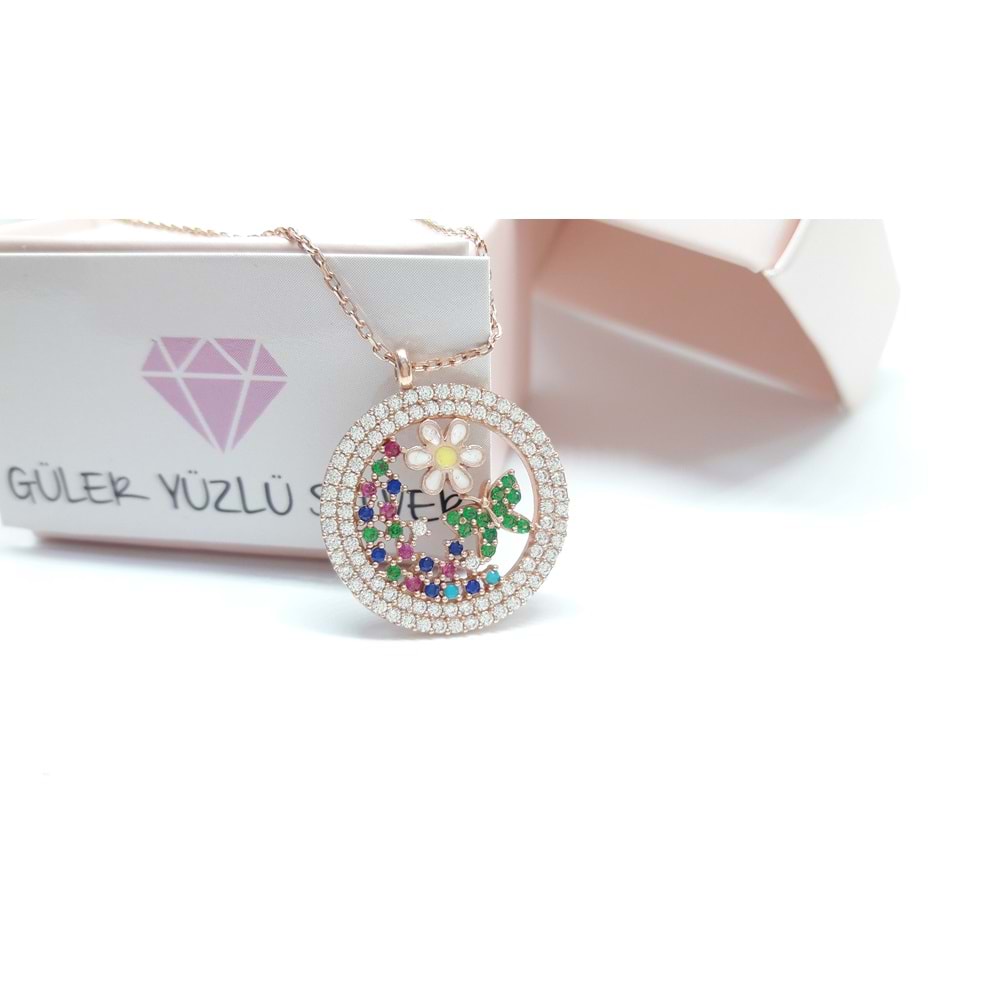 PAPATYALI KELEBEKLİ YUVARLAK GÜMÜŞ KOLYE