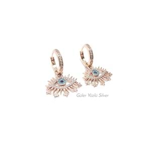 İTHAL SALLANTILI TAŞLI HALKA GÖZ GÜMÜŞ KÜPE - ROSE ALTIN KAPLAMA