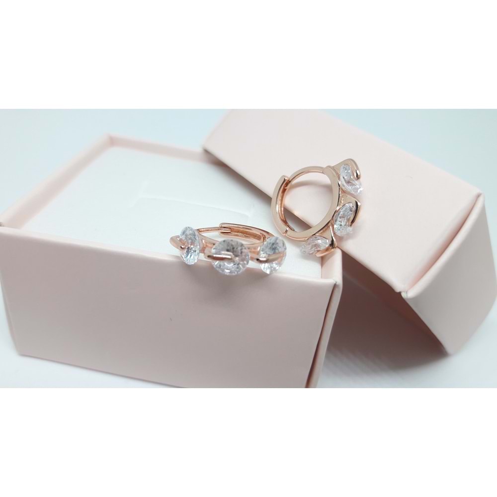 ZİRKON ÜÇ TAŞLI HALKA GÜMÜŞ KÜPE - ROSE ALTIN KAPLAMA