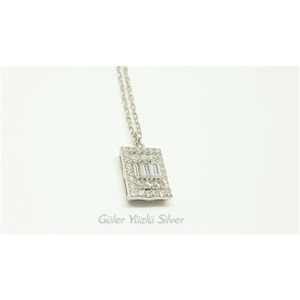 DİKDÖRTGEN BAGET PIRLANTA MONTÜR GÜMÜŞ KOLYE